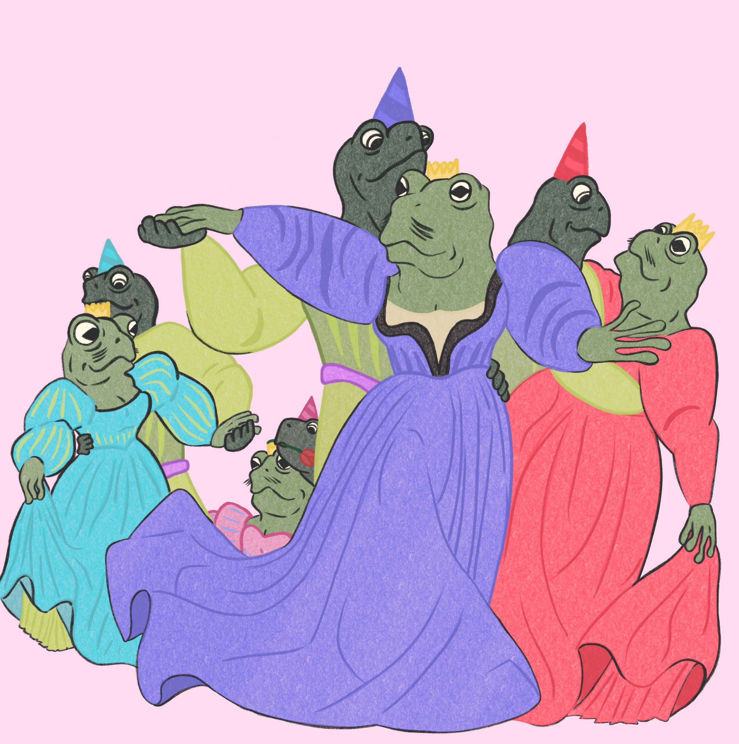 color illustration of frogs in gowns
