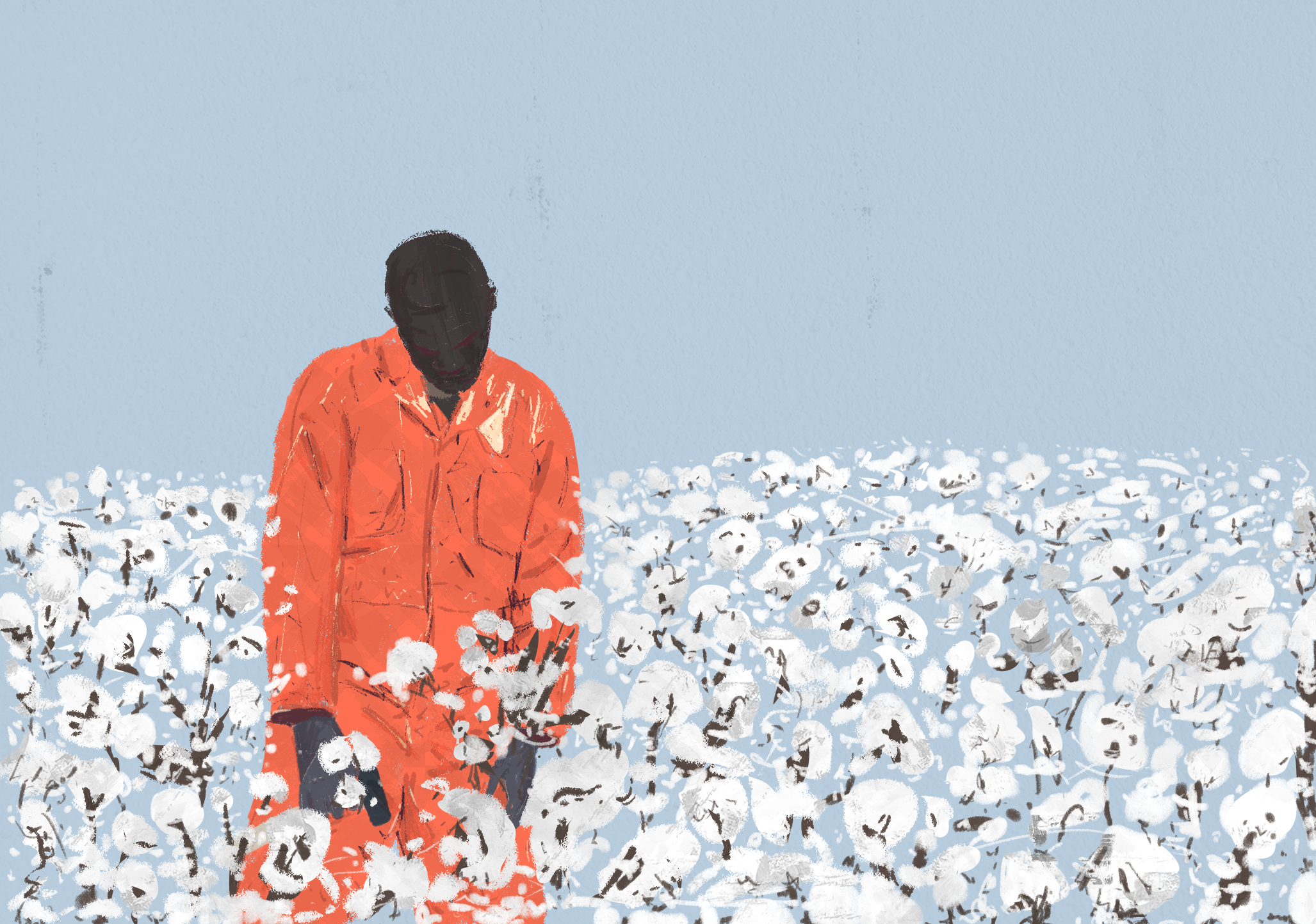 color op ed illustration of a man in an orange jumpsuit in a cotton field
