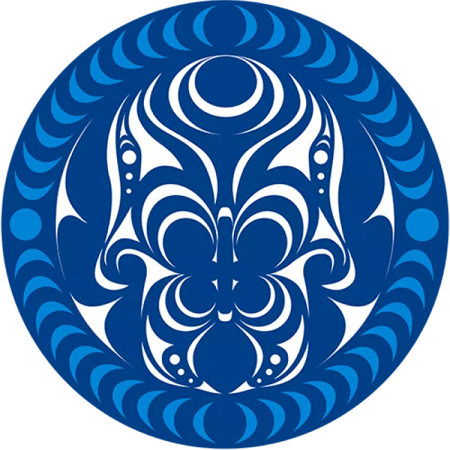 Tribal Relations Symbol: Dark blue semi-abstracted human figure surrounded by lighter blue crescent shapes