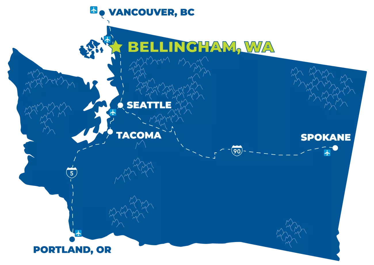 A map of Washington with Bellingham, Seattle, Vancouver, BC and other major cities highlighted.