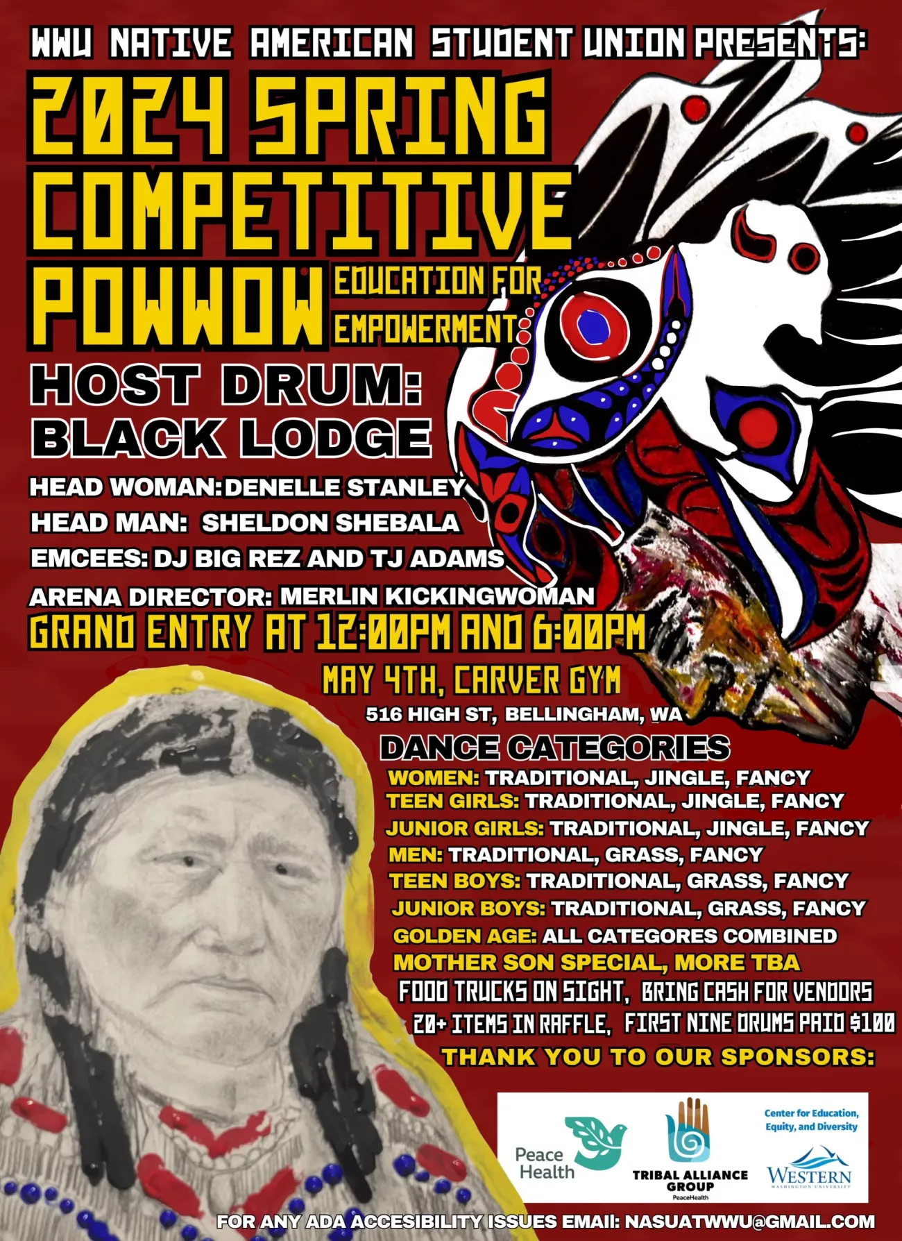 Powwow poster, with bold text and mixed media illustrations of two native Americans
