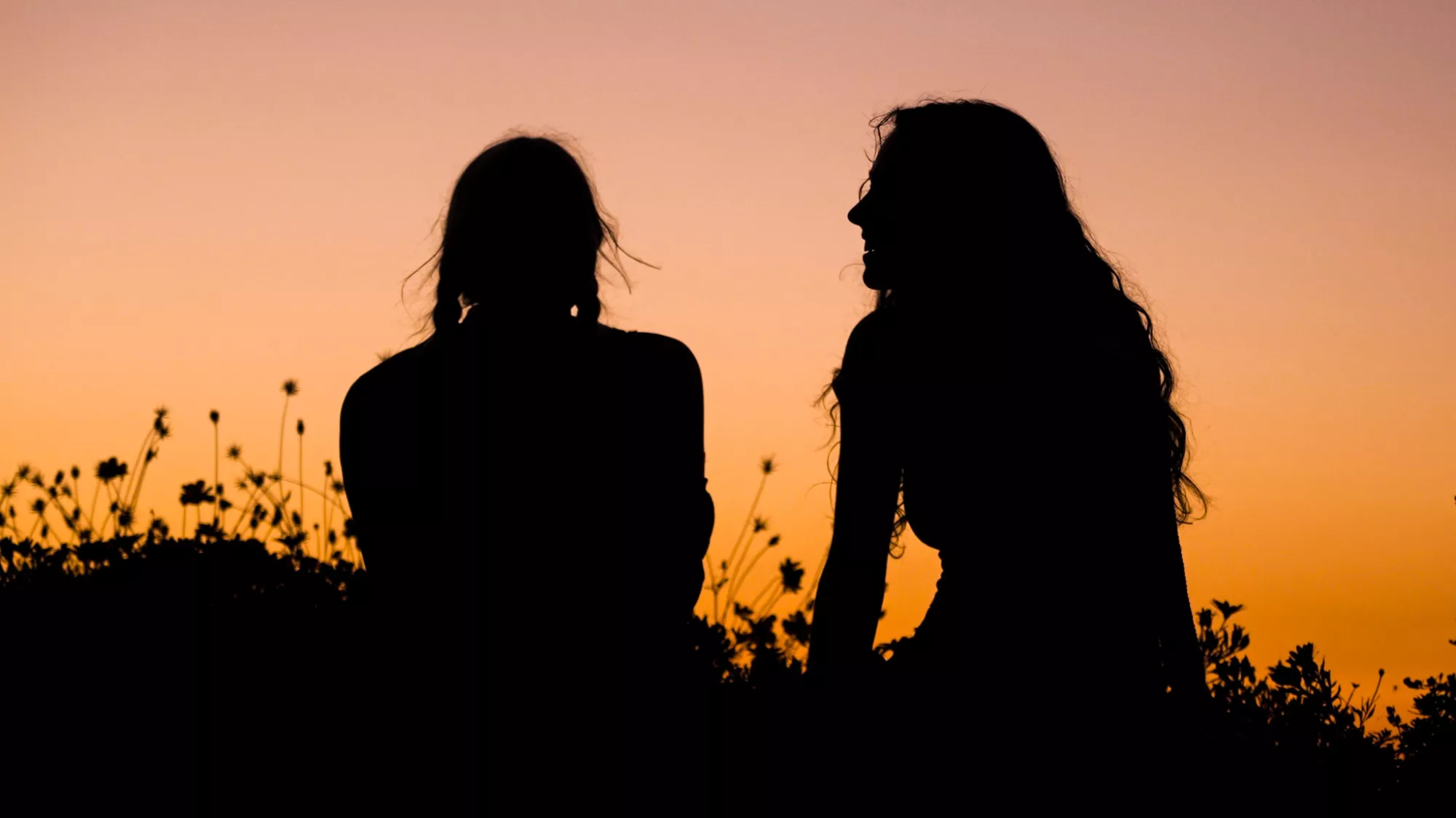 Two people with long hair talking, silhouetted by a sunset