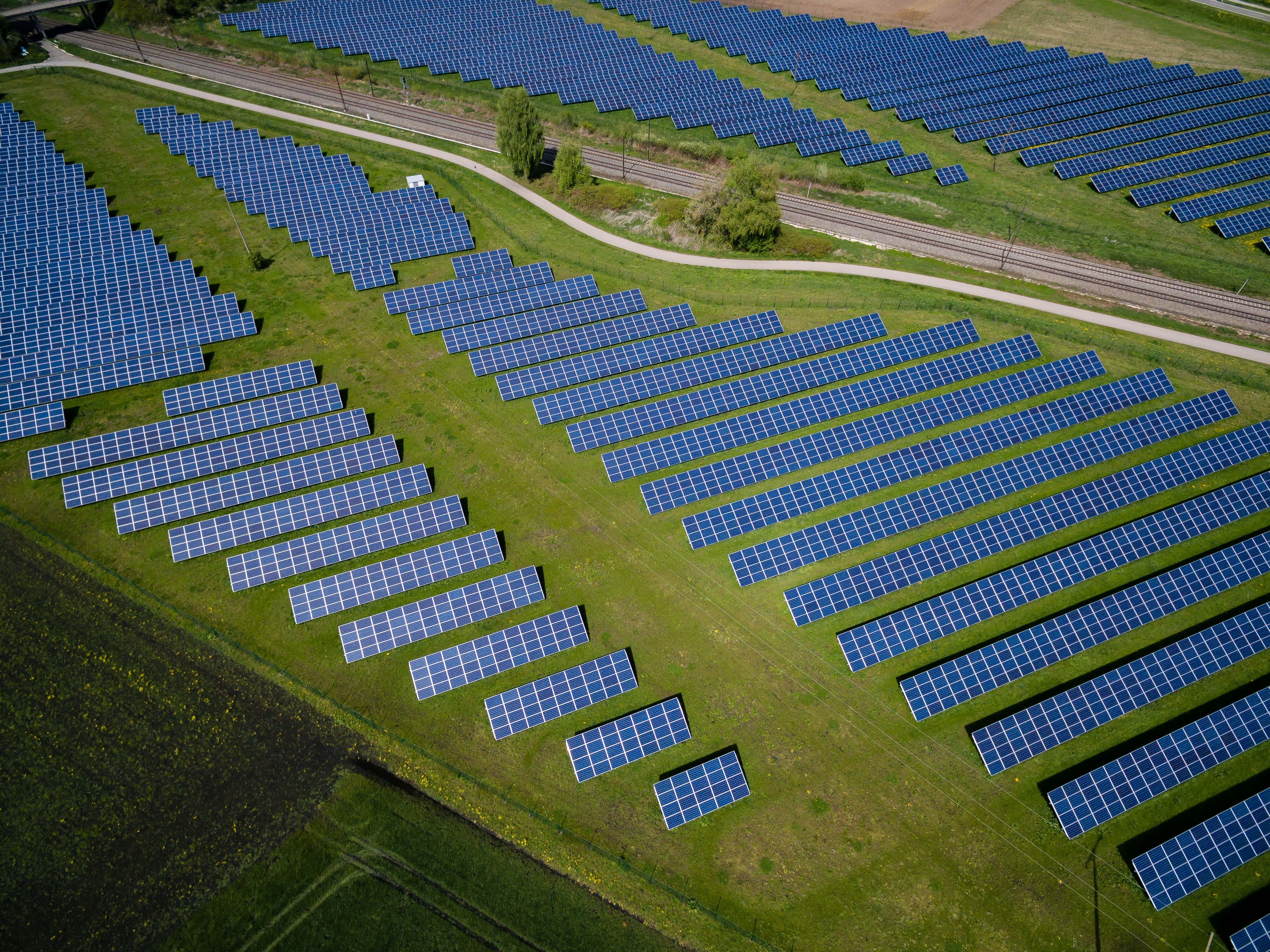 Overhead view of a field full of solar panels