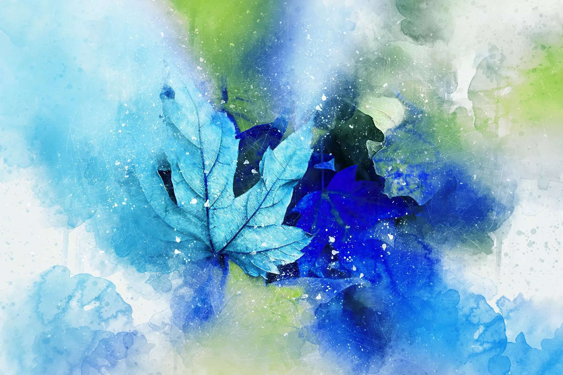 Abstract watercolor painting of blue leaves with vivid splashes of green, white, and blue hues.