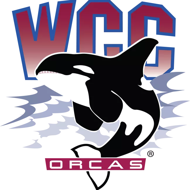 A black and white Orca whale curves to the left with blue waves surrounding it with WCC Orcas spelled out in red capital letters behind the whales dorsal fin.