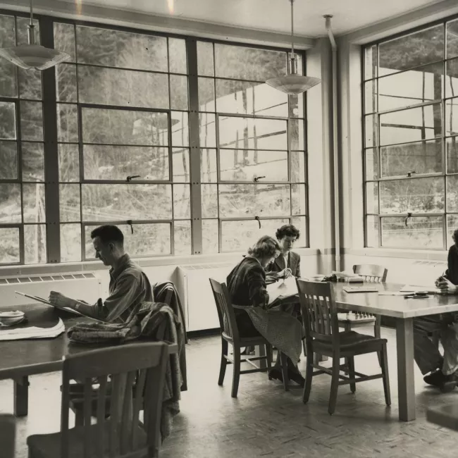 Students in a fine art building