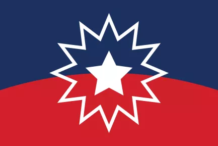 A white star on a dark blue and red background