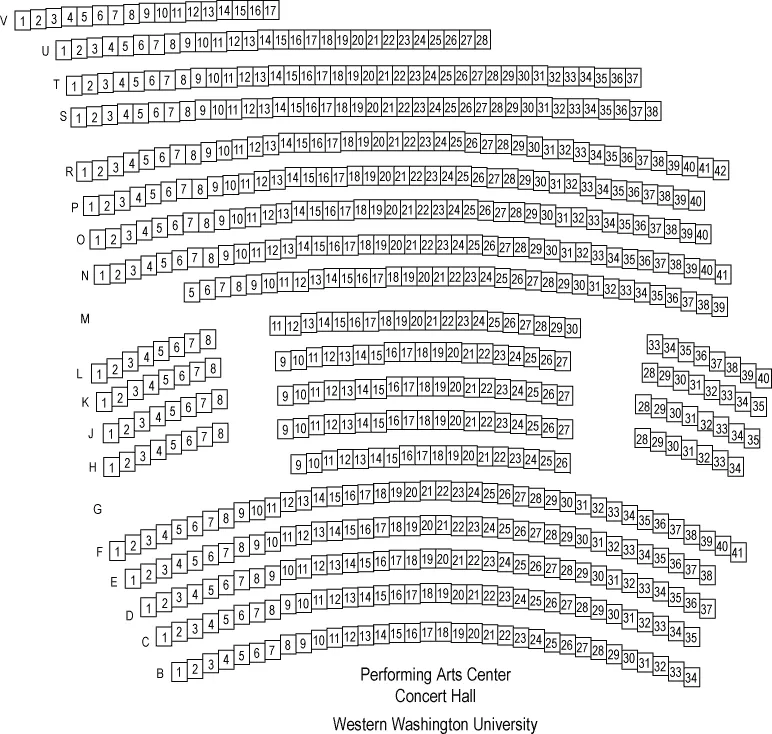 Seating chart for the PAC Concert Hall. 21 rows of seating, most 30-40 seats wide.