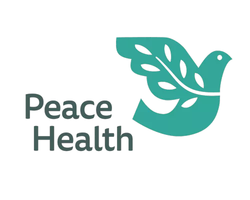 Peace Health logo, text with a teal dove in flight, the dove has a leaf-life like wing